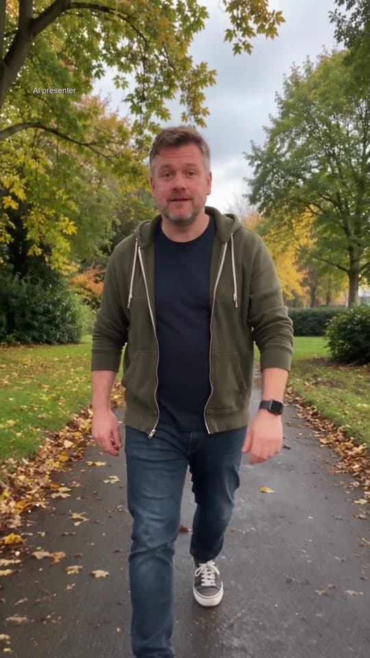 Gaz on an autumn park path, wearing an open dark hoodie.