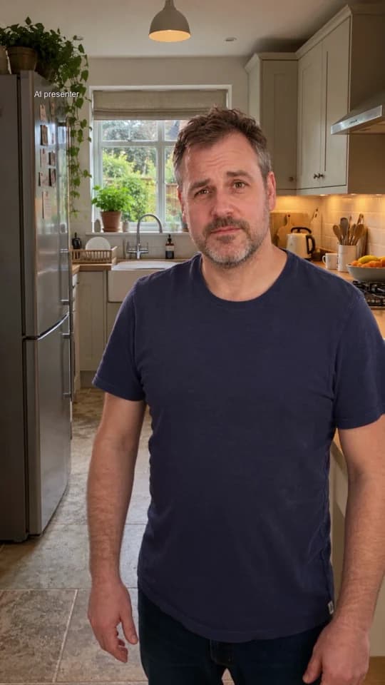Gaz in a bright home kitchen, wearing a navy T-shirt.
