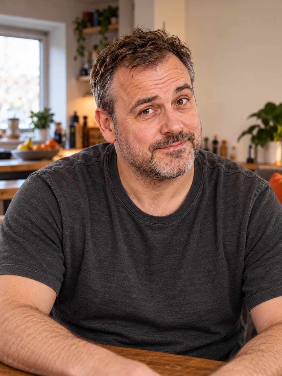 Gaz Stride in a charcoal T-shirt, sitting at a wooden table.