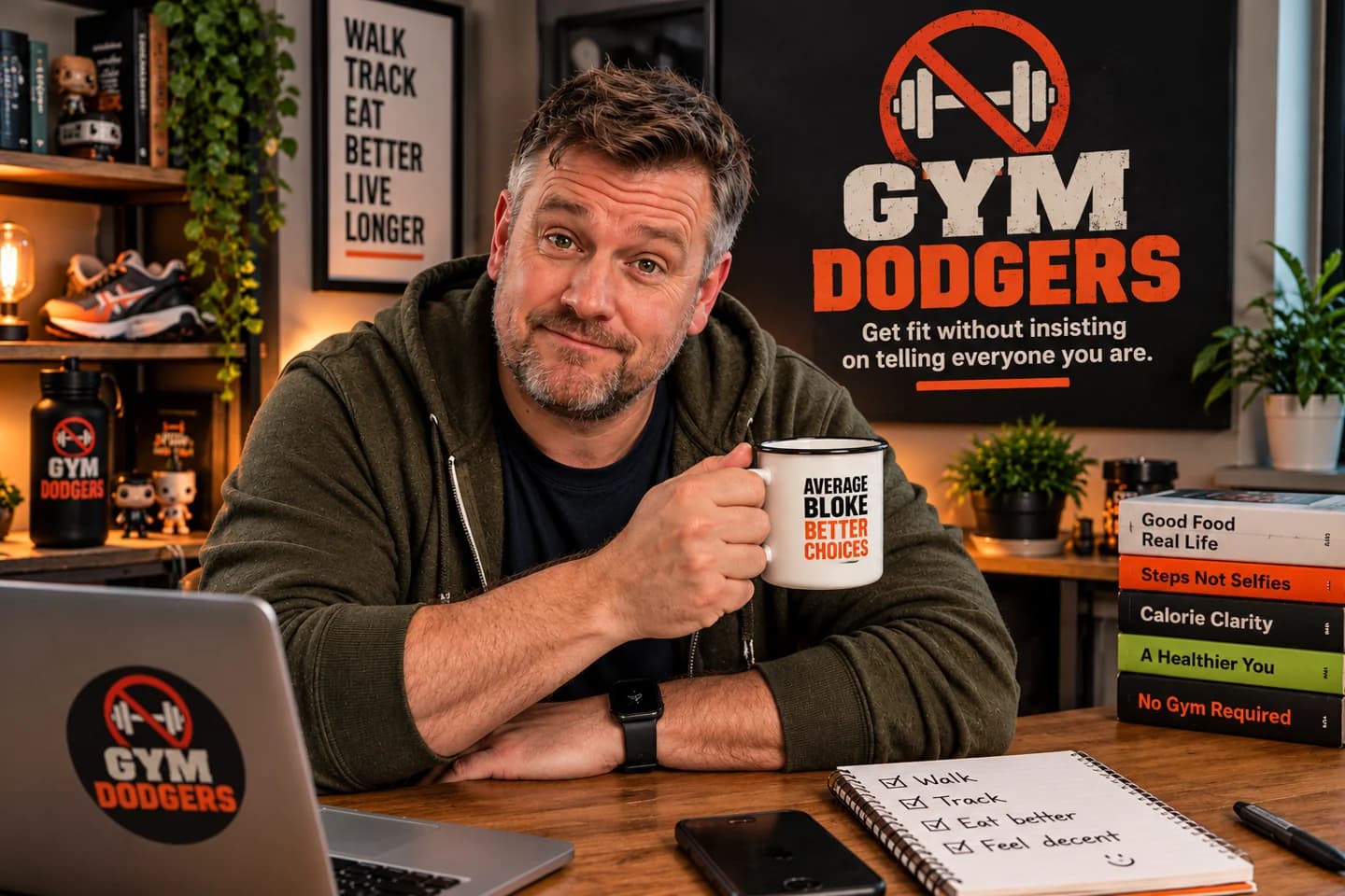 Gaz Stride at his home studio desk, raising a mug with a wry smile.