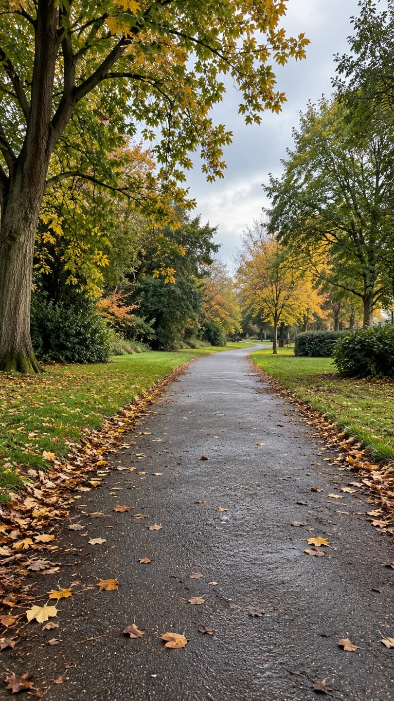An autumn footpath disappearing between trees in the Gym Dodgers park.