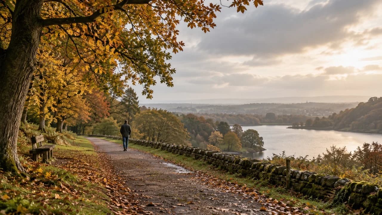 A person walking along a quiet autumn path beside water, with golden trees, a bench and soft light.